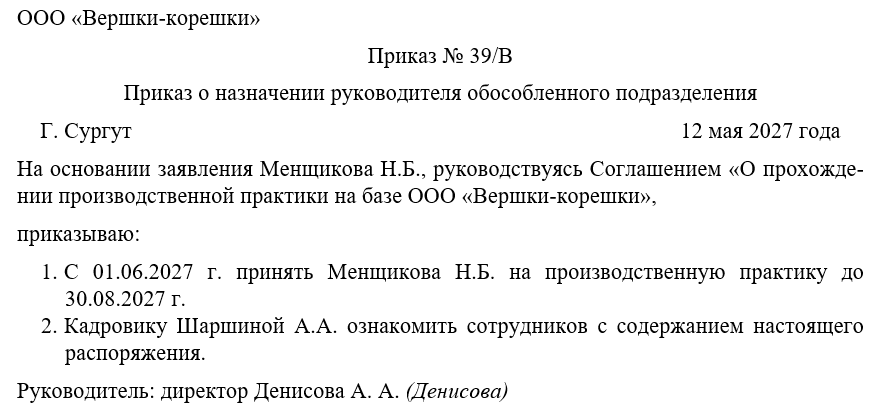 Приказ о назначении руководителя обособленного подразделения